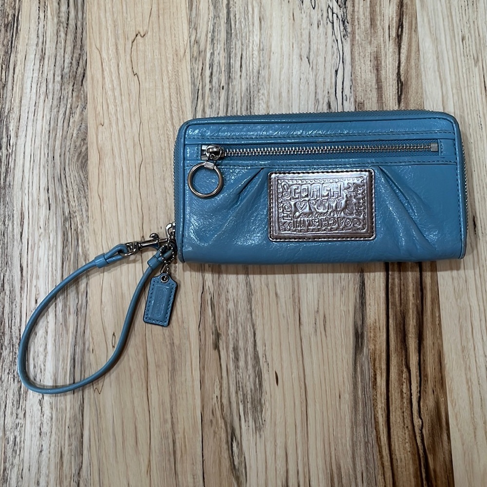 Coach Blue Wristlet with Silver Accents
